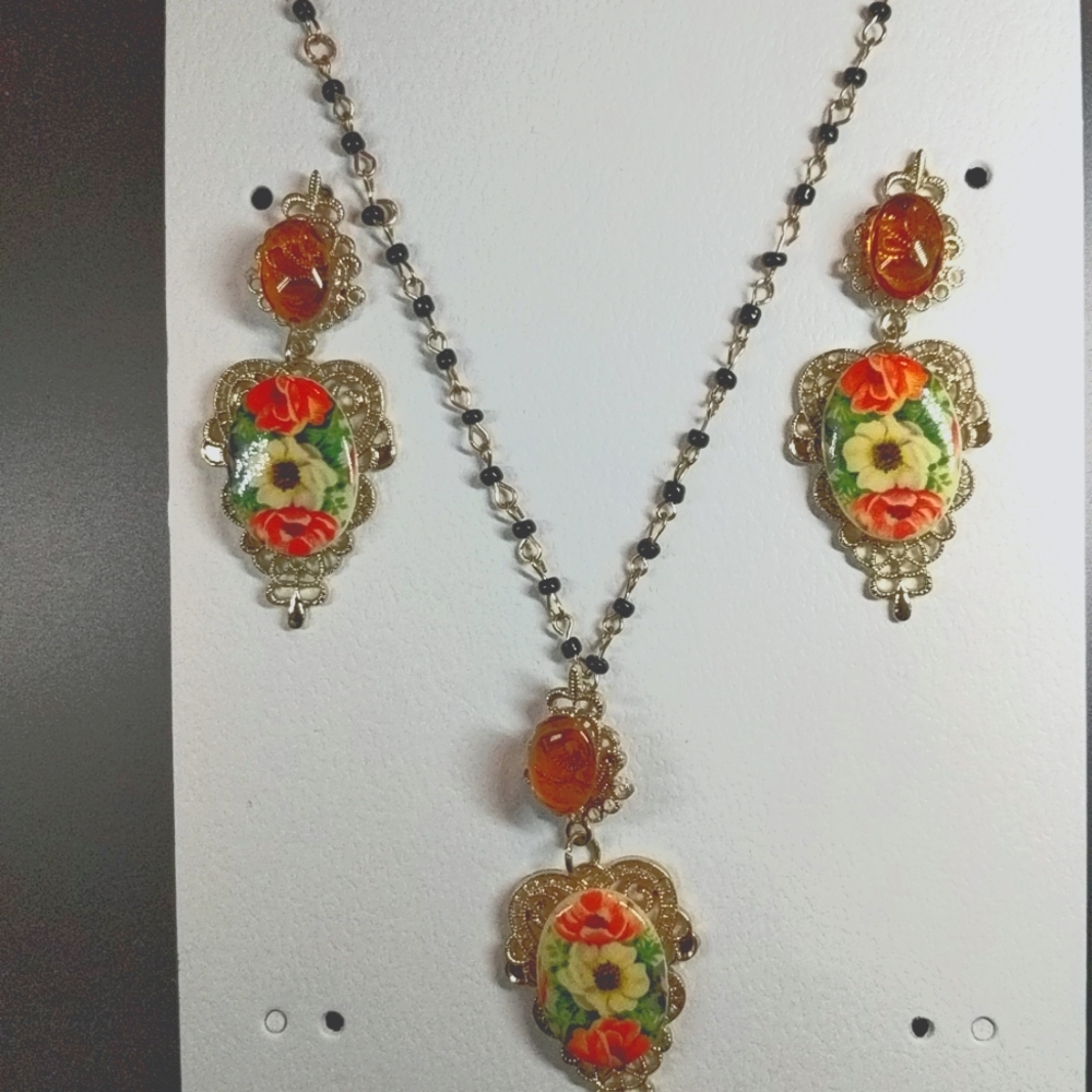 Vintage Boho Necklace and Pierced Earrings